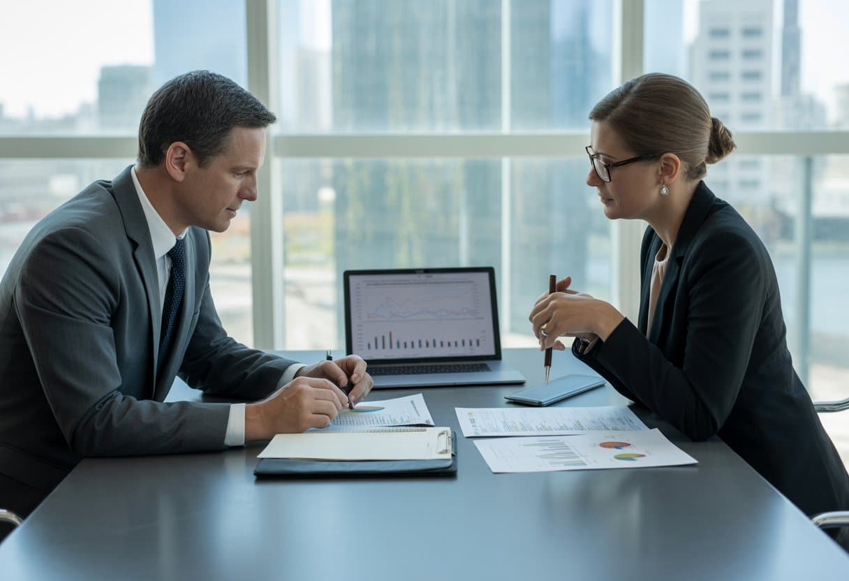 Twee zakelijke professionals bespreken documenten aan een vergadertafel in een kantoor.