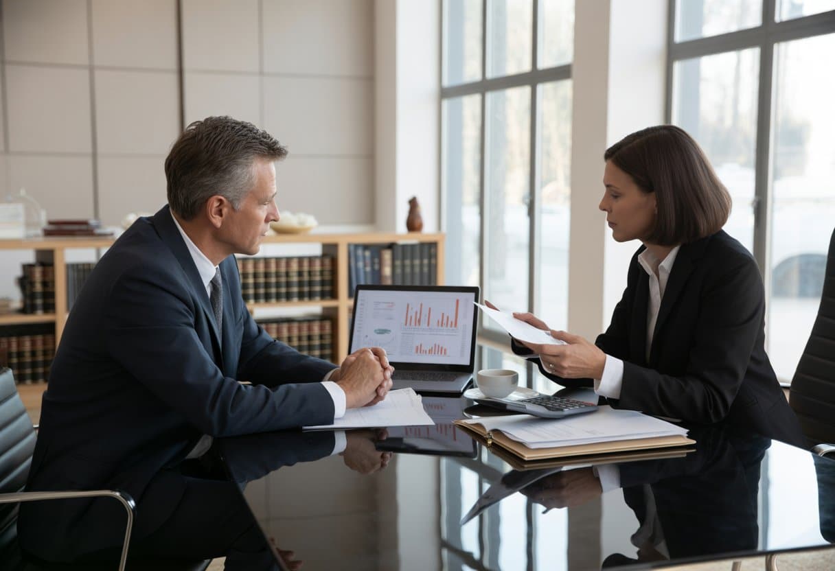 Een man en vrouw zitten tegenover elkaar aan een tafel in een kantoor, bezig met het bespreken van financiële documenten.