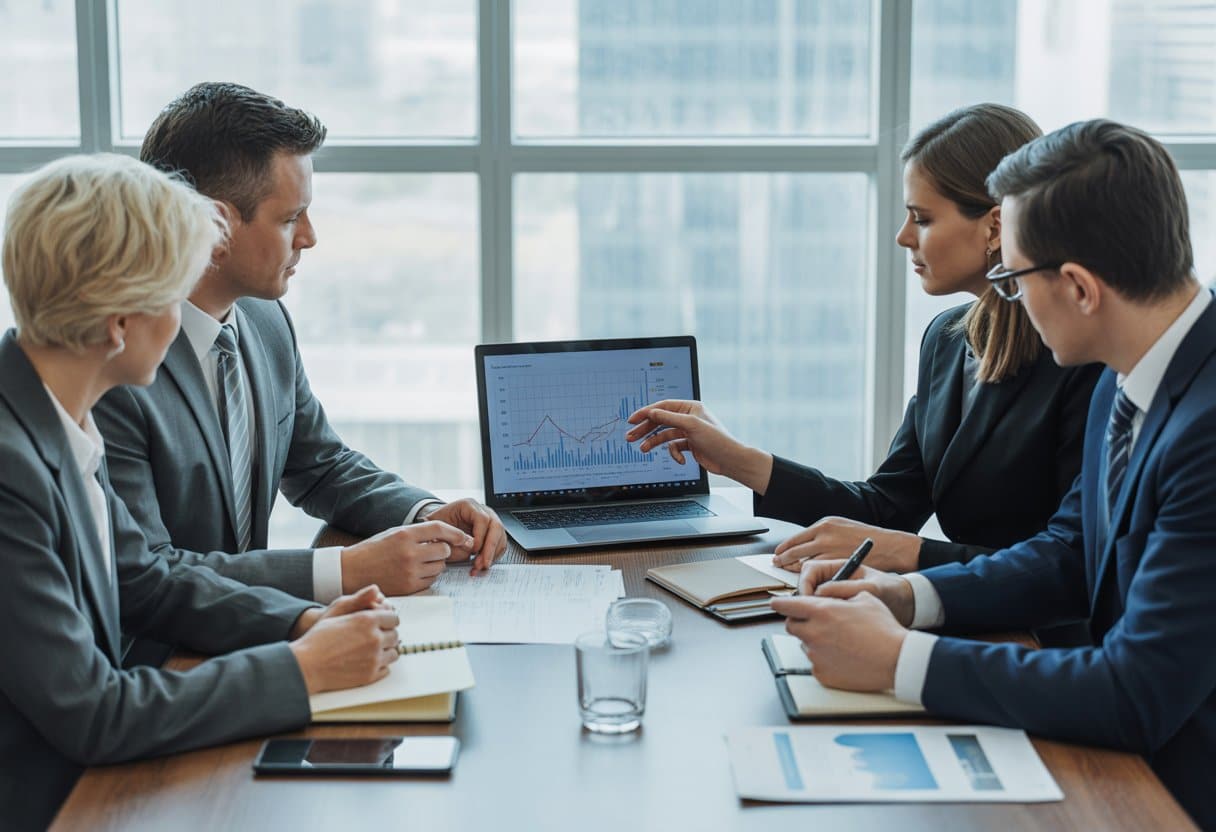 Een groep zakelijke professionals bespreekt financiële documenten en grafieken in een vergaderruimte tijdens een bijeenkomst over bedrijfswaardering bij echtscheiding.