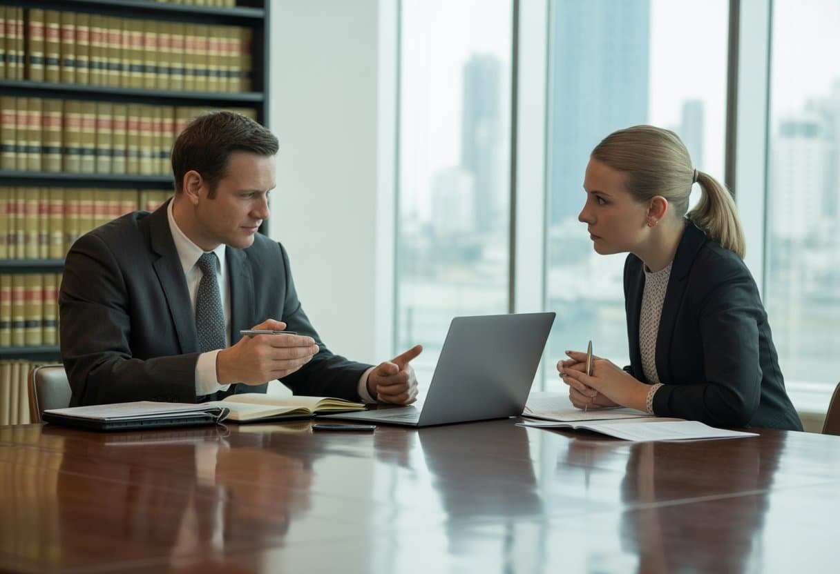 Twee professionals in een kantoor bespreken juridische documenten aan een tafel met een laptop en boeken op de achtergrond.