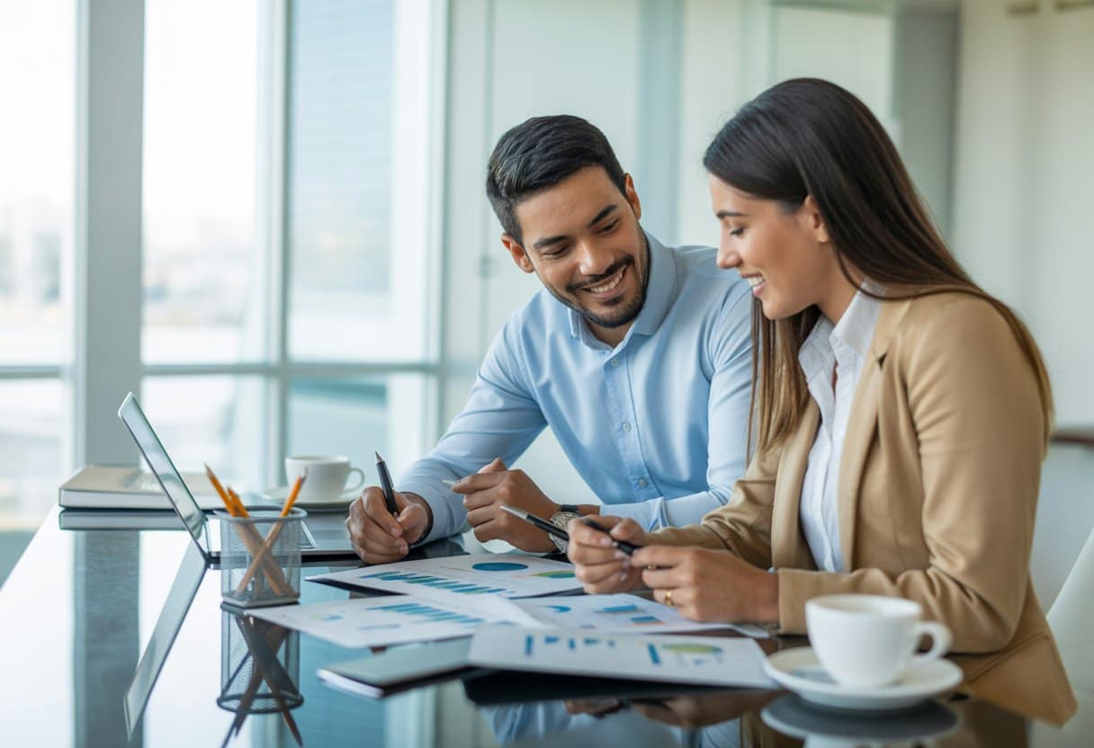 Een man en vrouw bekijken samen financiële documenten aan een tafel in een moderne kantooromgeving.