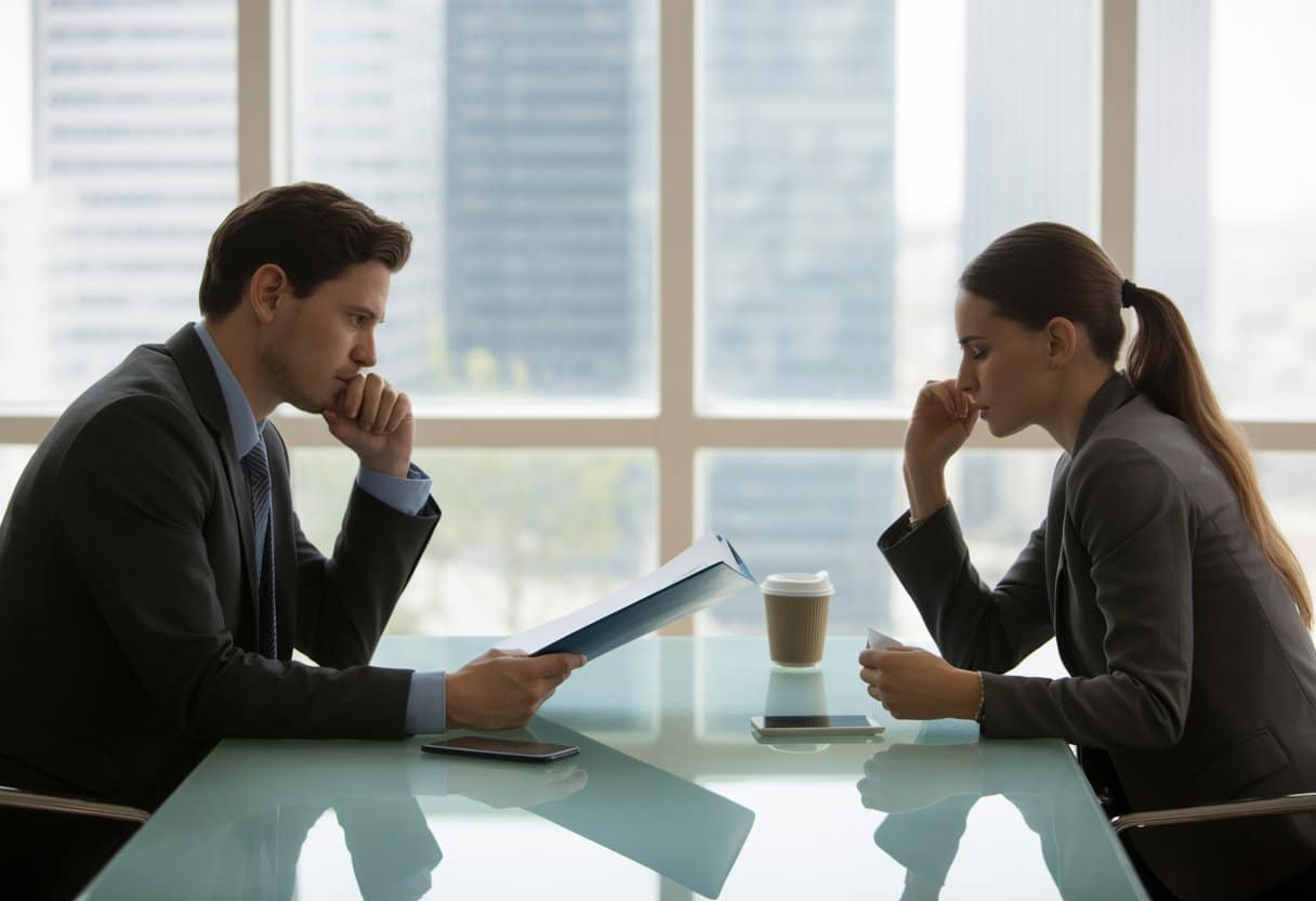 Twee mensen zitten tegenover elkaar aan een tafel in een kantoor, duidelijk in een serieus gesprek over het beëindigen van een zakelijke en persoonlijke relatie.
