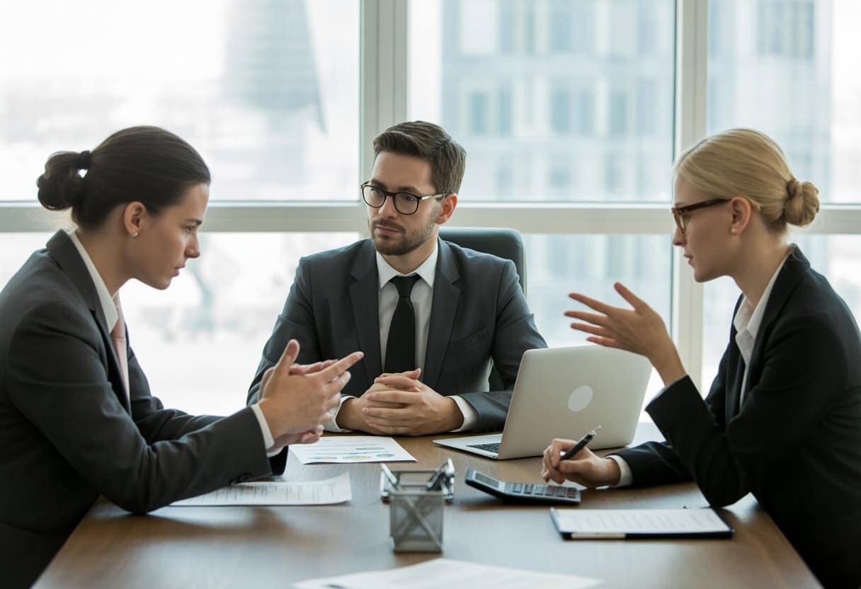BV, eenmanszaak of VOF: de gevolgen bij echtscheiding uitgelegd 1 Drie zakelijke professionals in een kantoor die serieus overleggen aan een tafel met documenten en een laptop.
