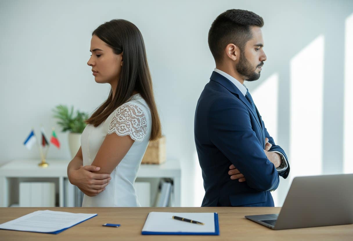 Een diverse man en vrouw staan apart aan een tafel met juridische documenten in een kantooromgeving.