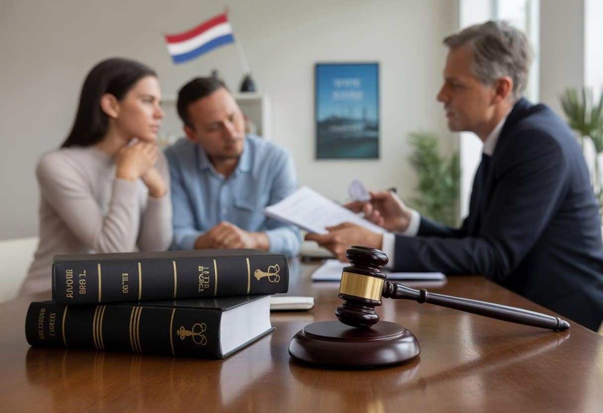 Een advocaat bespreekt juridische documenten met een diverse echtpaar in een moderne kantooromgeving, met een rechterhamer en wetboeken op de voorgrond.