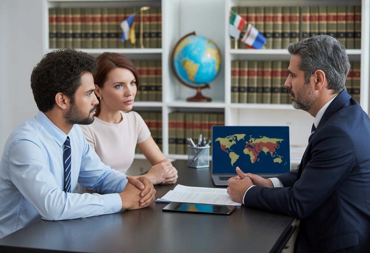 Een stel in gesprek met een advocaat in een kantoor, met juridische documenten en een wereldbol op tafel.