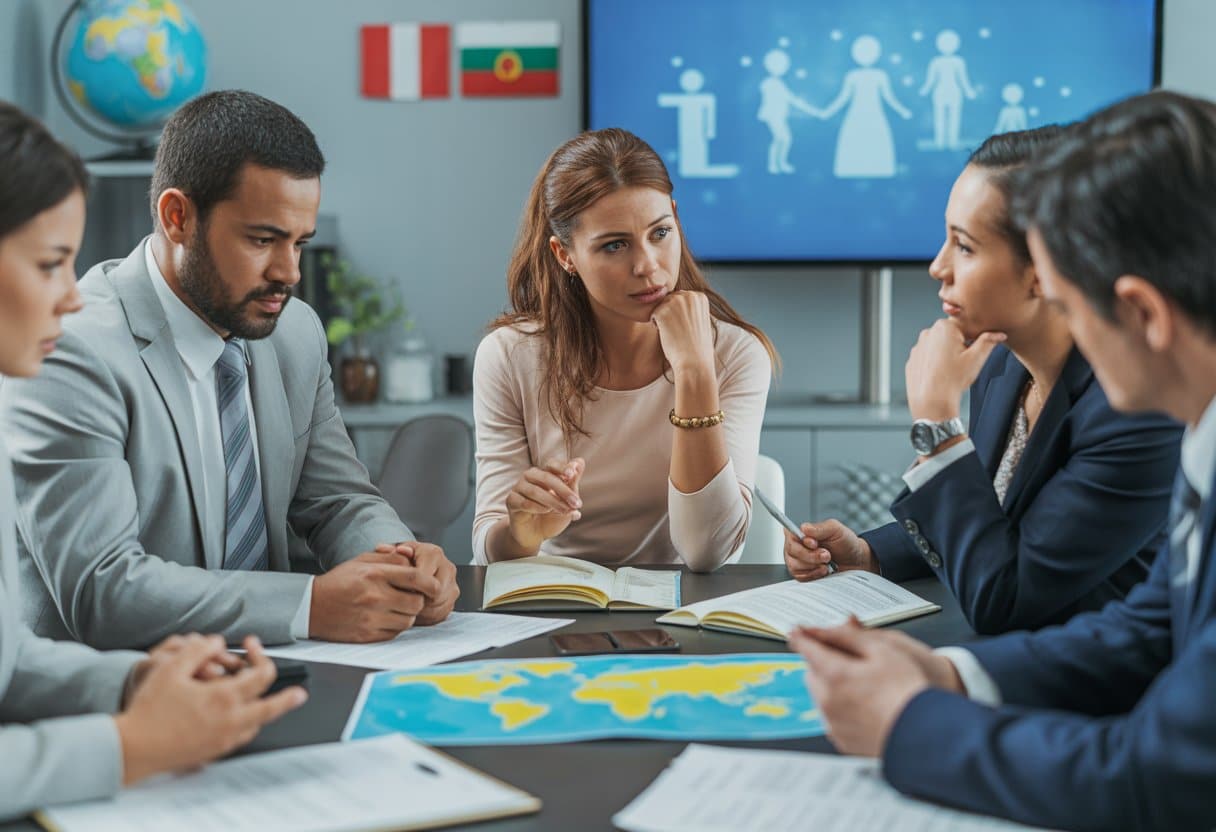 Een groep volwassenen zit aan een tafel in een kantoor en bespreekt documenten met een wereldkaart en vlaggen op de achtergrond.