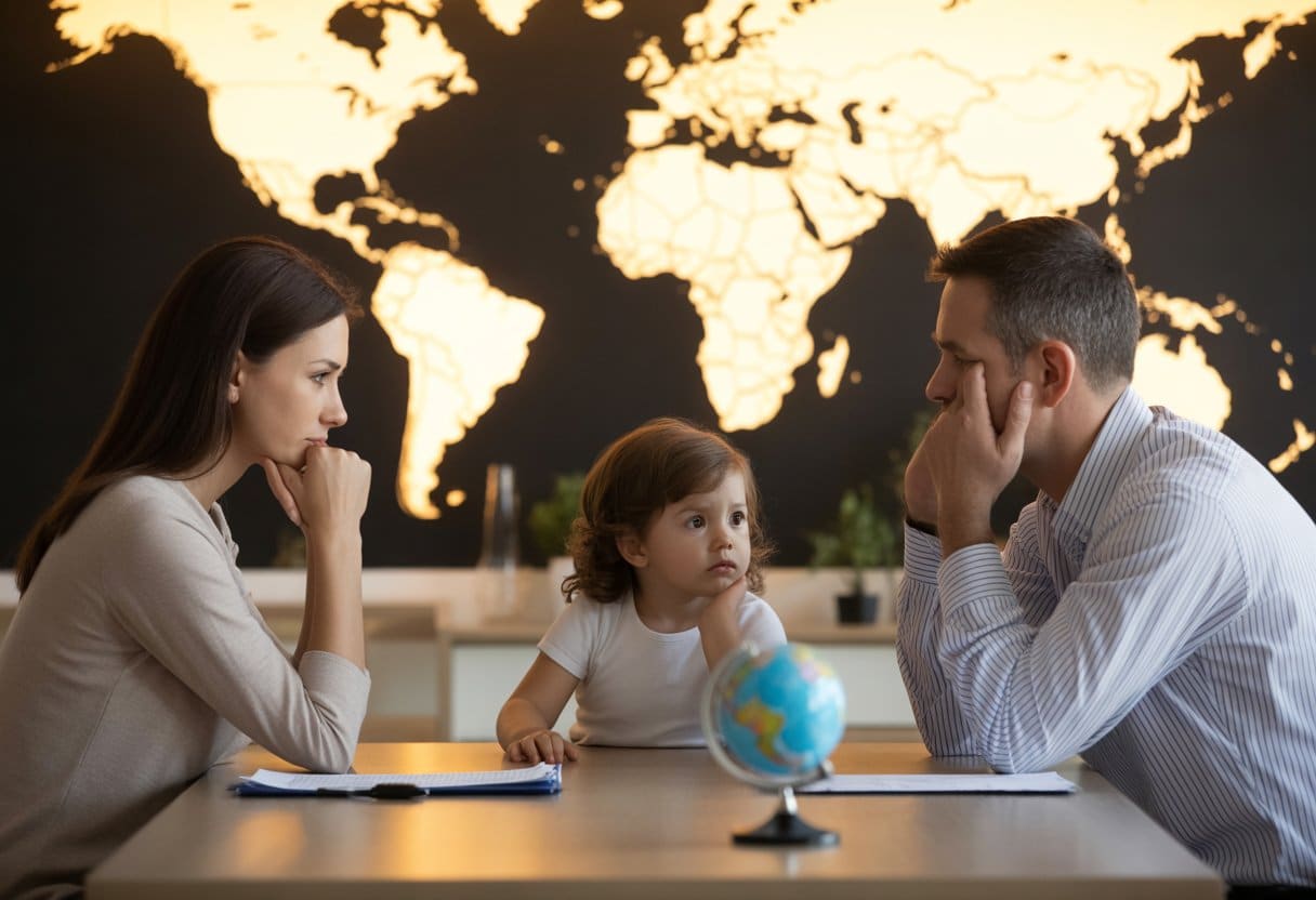 Een moeder en vader zitten aan weerszijden van een tafel met hun kind ertussen, met een wereldkaart op de achtergrond die landsgrenzen toont.