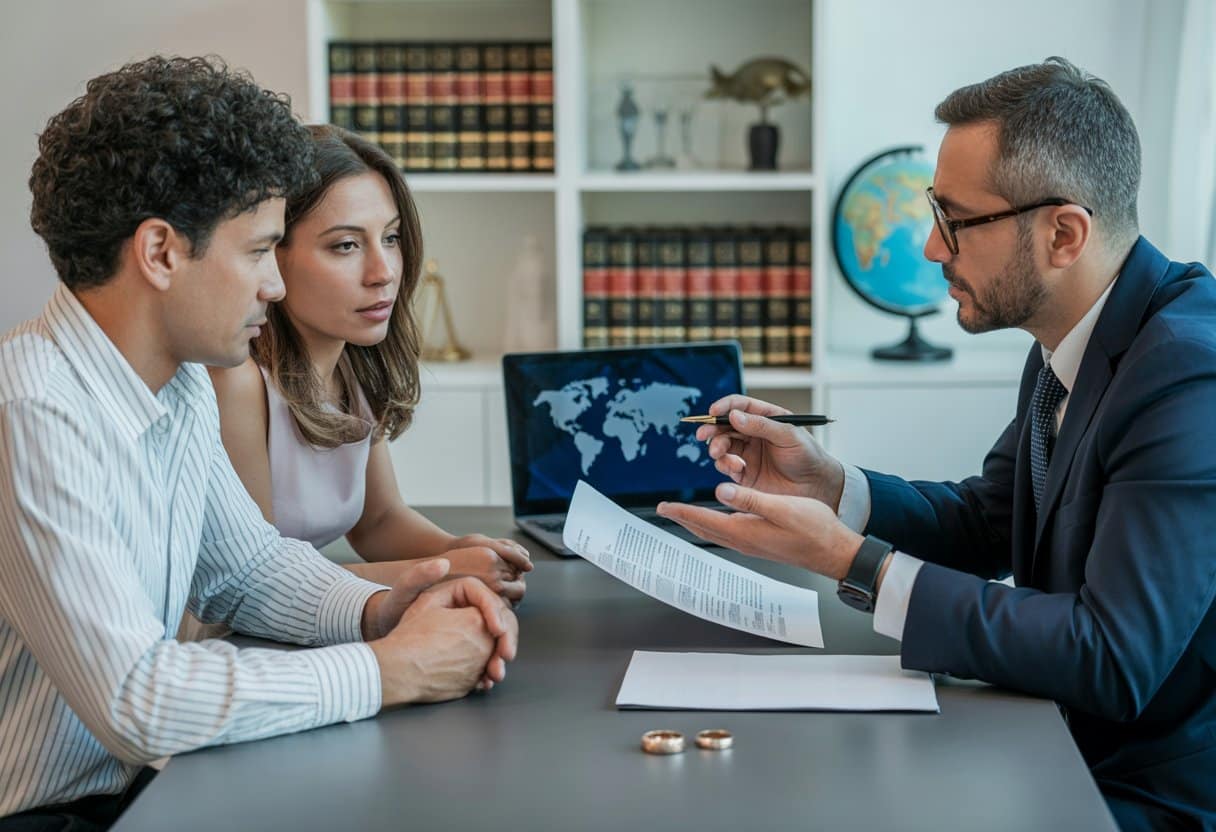 Een advocaat legt een rechtskeuzeclausule uit aan een internationaal koppel tijdens een scheidingsgesprek in een kantoor.
