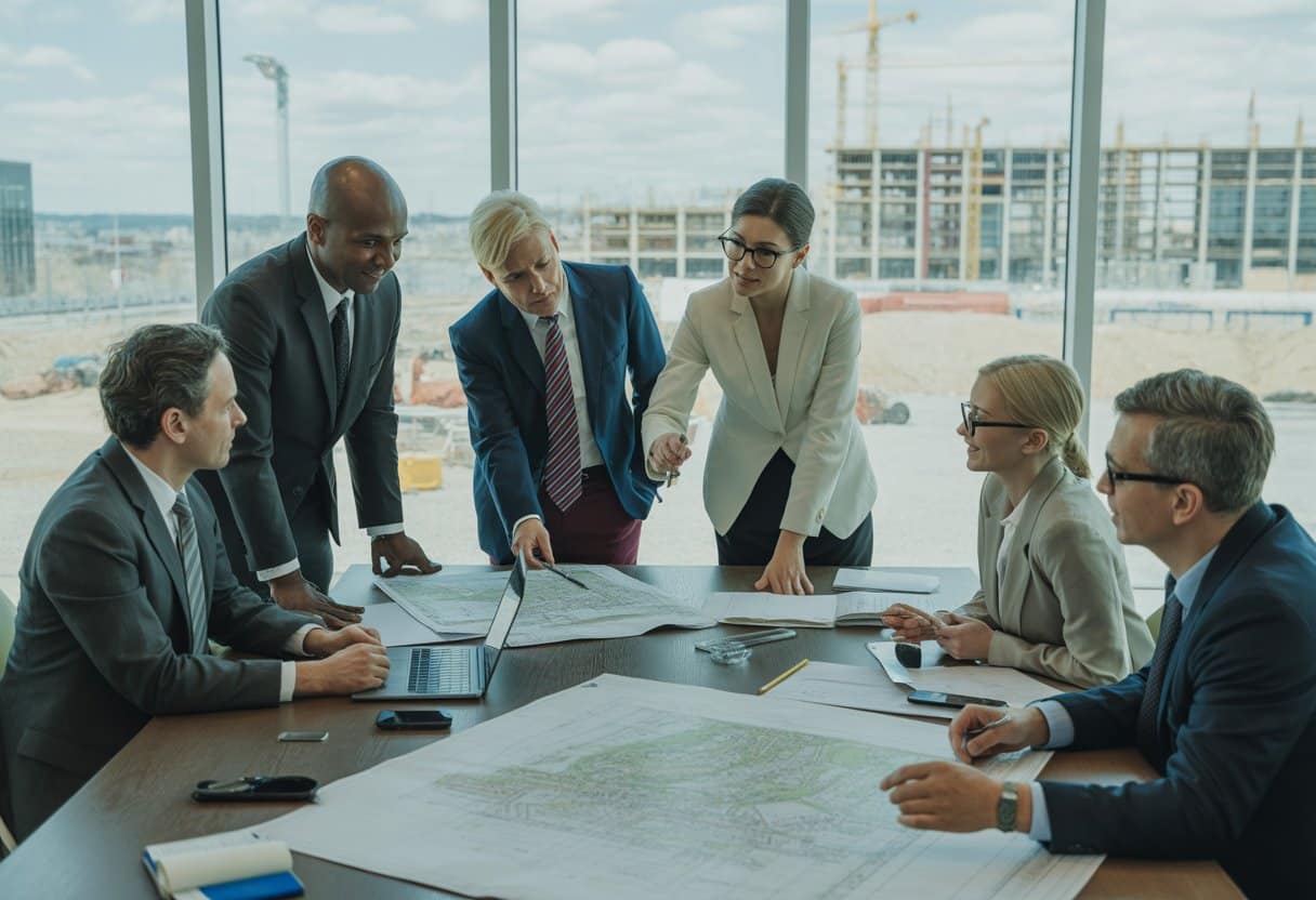 Grondexploitatieovereenkomsten: de valkuilen in de praktijk helder uitgelegd 3 Een groep professionals bespreekt stadsplannen en documenten rond een tafel in een modern kantoor met uitzicht op een bouwplaats.