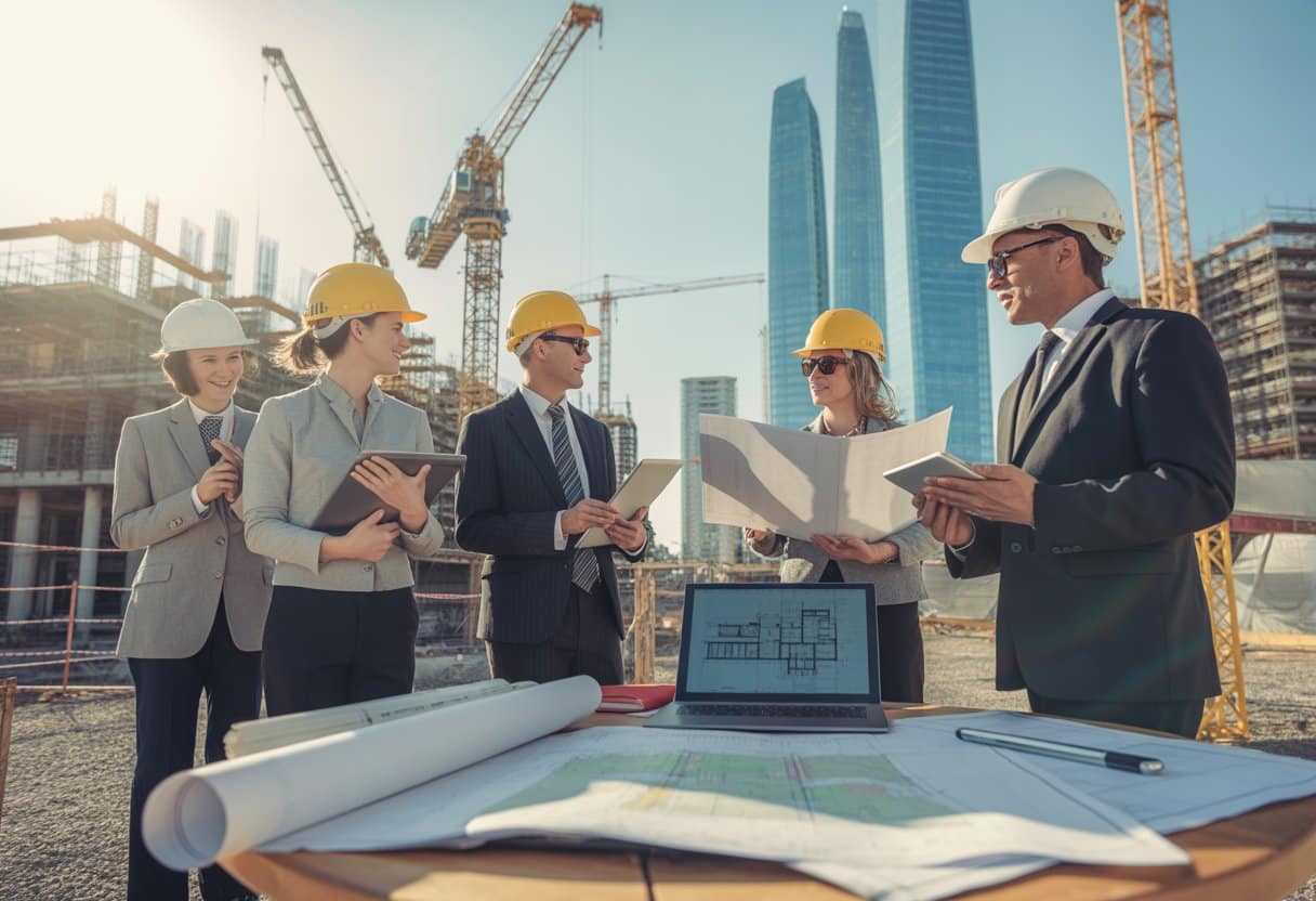 Bouwvergunningen onder de Omgevingswet 1 Professionals bespreken bouwplannen bij een bouwplaats met kranen en gebouwen.