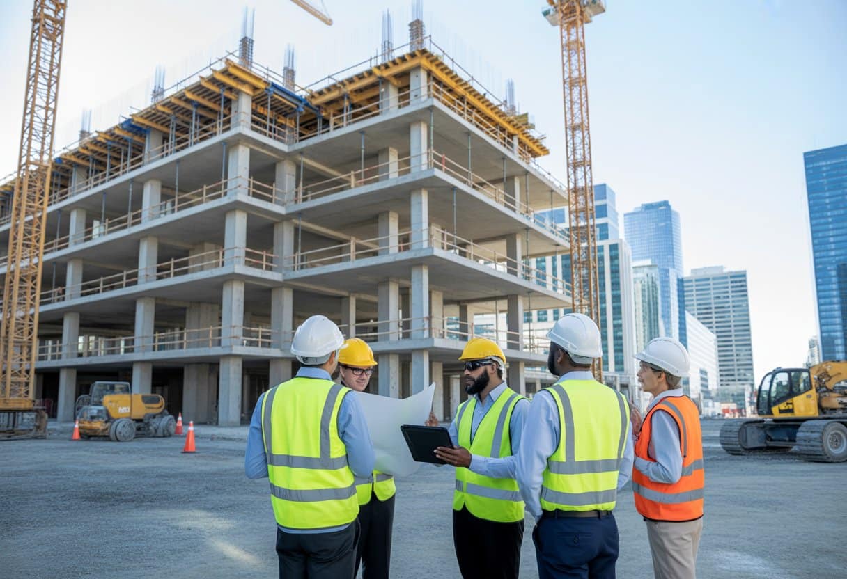 Bouwvergunningen onder de Omgevingswet 3 Een bouwplaats met bouwvakkers en ingenieurs die bouwplannen en documenten bespreken bij een deels gebouwd modern gebouw.