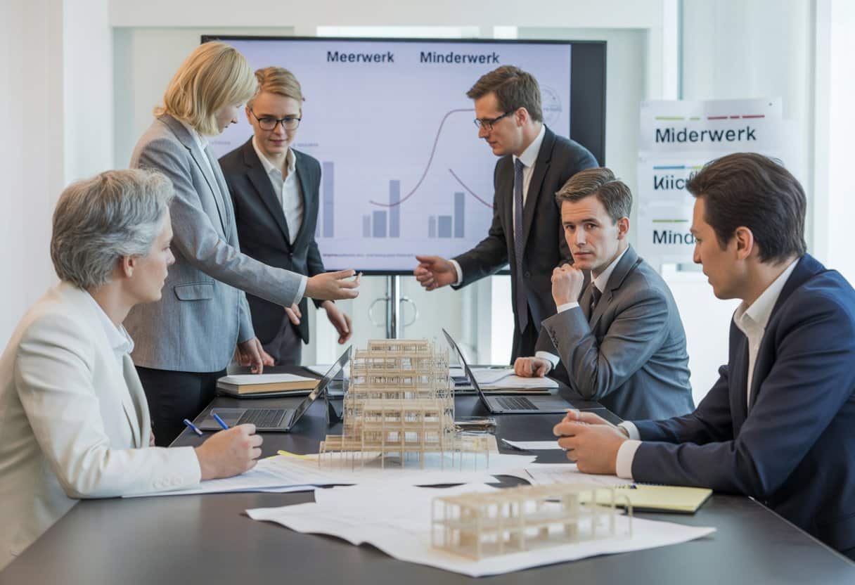 Een groep professionals zit rond een vergadertafel en bespreekt documenten in een kantooromgeving.