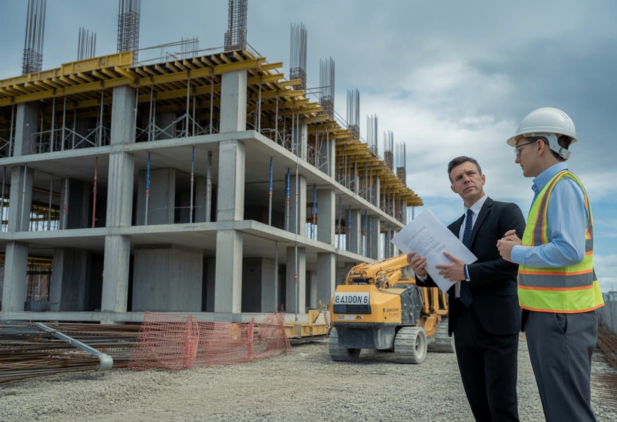 Twee professionals bespreken bouwvertraging bij een deels gebouwd gebouw met steigers en bouwmateriaal.