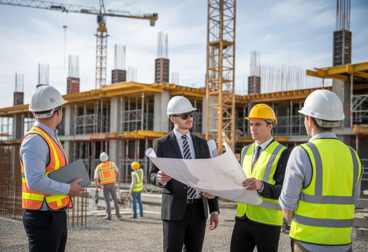 Een bouwplaats met bouwvakkers en professionals die documenten bekijken en overleggen over bouwvertragingen.