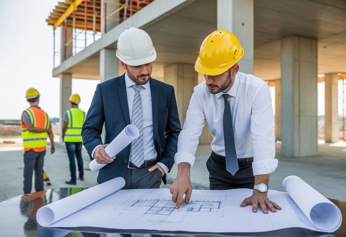 Een architect en adviseur bekijken samen bouwtekeningen op een bouwplaats met een halfafgewerkt gebouw op de achtergrond.