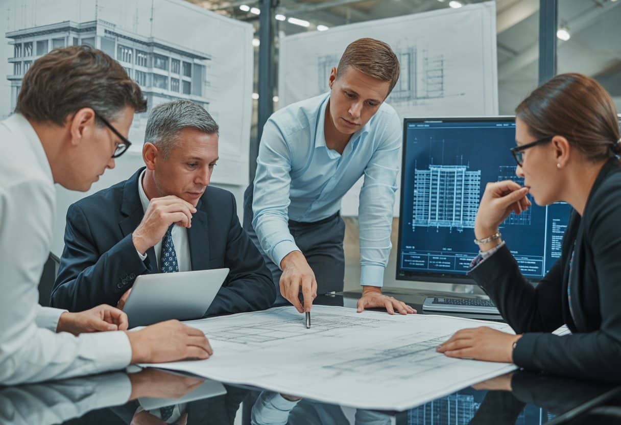 Architecten en adviseurs bekijken bouwplannen en overleggen in een kantoorruimte.