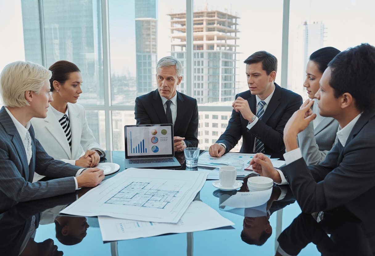 Zakelijke professionals bespreken vastgoedfinanciering in een kantoor met bouwplannen en financiële documenten op tafel, met een stadsgezicht op de achtergrond.