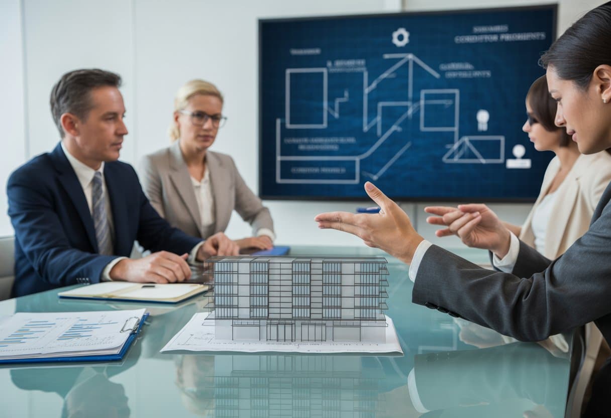 Een groep zakelijke professionals bespreekt vastgoedfinanciering met bouwtekeningen en financiële documenten op een tafel in een kantoor.