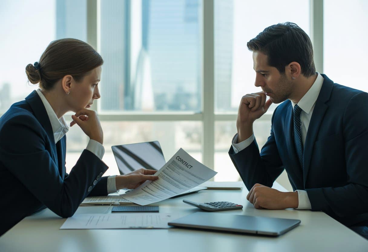 Twee zakelijke personen die in een modern kantoor aan een tafel zitten en financiële documenten bespreken.