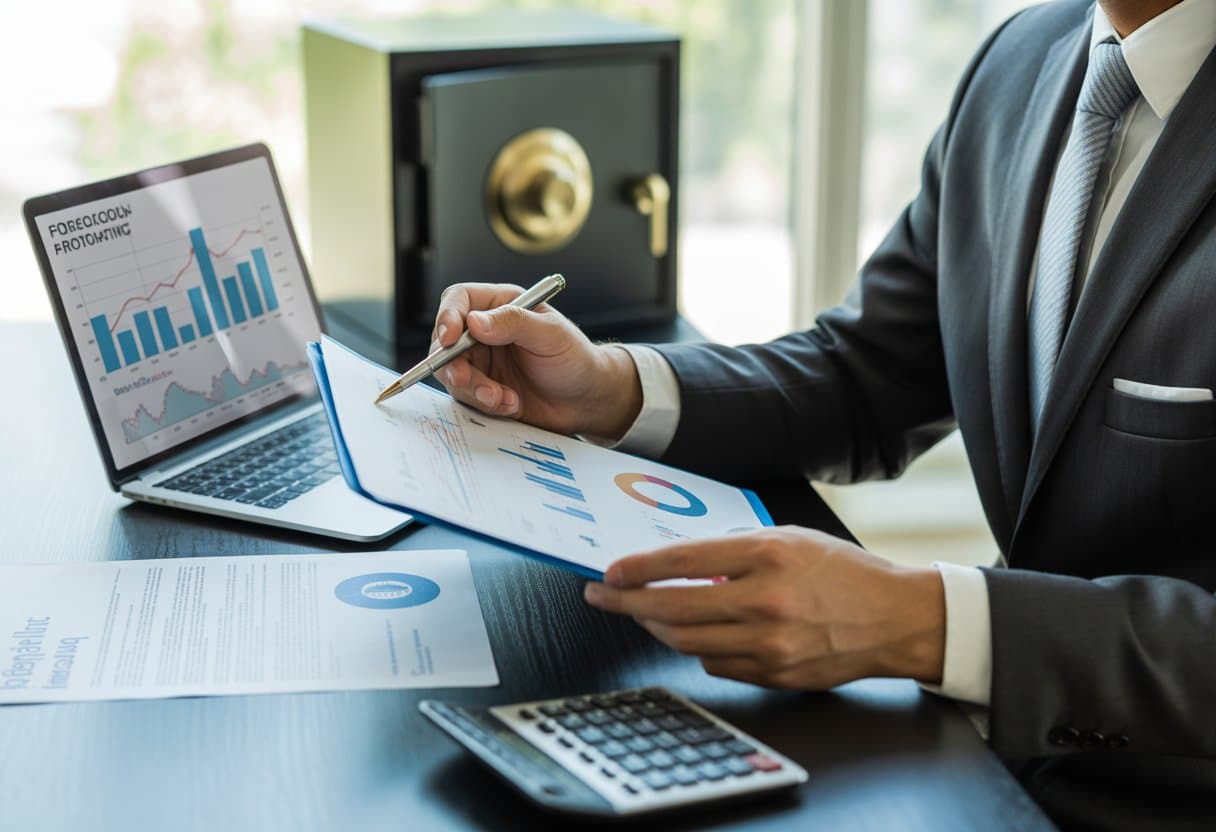 Een zakelijk persoon bekijkt financiële documenten aan een bureau met rekenmachine en laptop, met symbolen van veiligheid op de achtergrond.