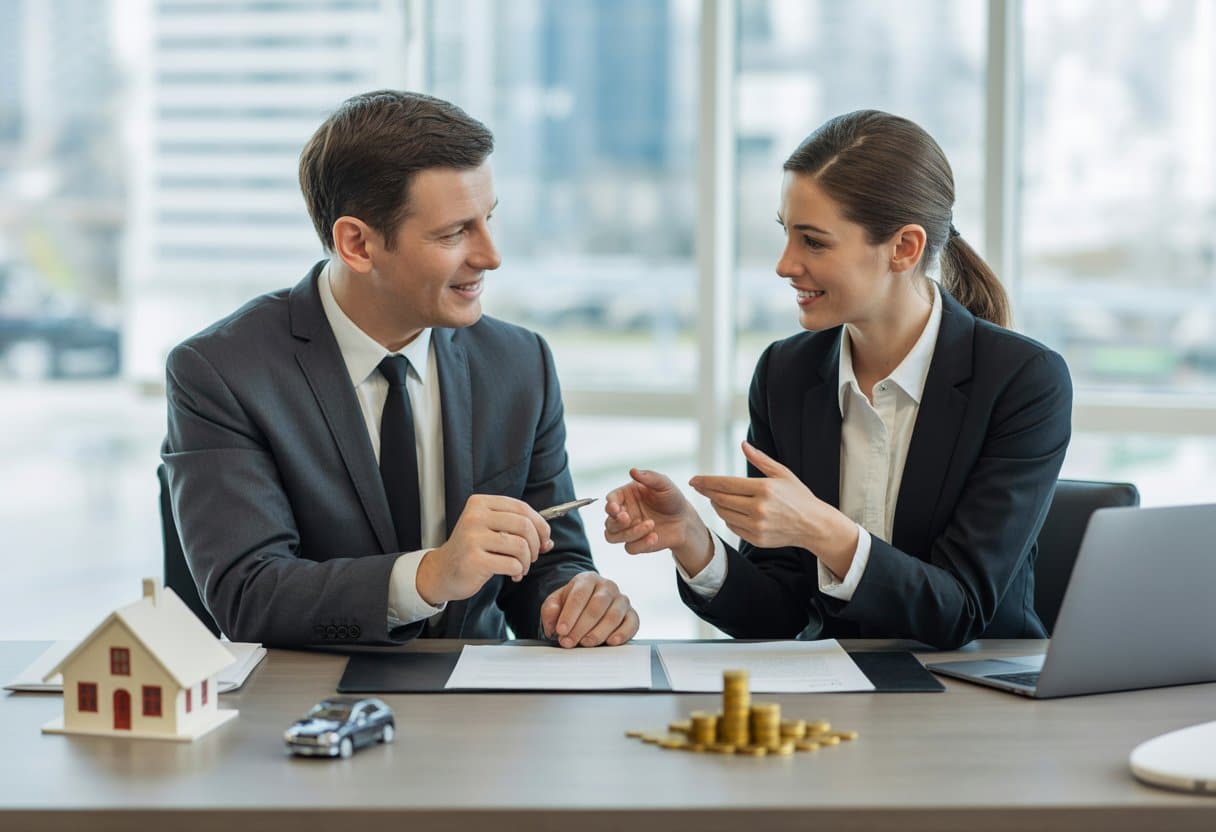 Twee personen zitten aan een bureau en bespreken financiële zekerheden met documenten en symbolen zoals een huismodel en autosleutel.