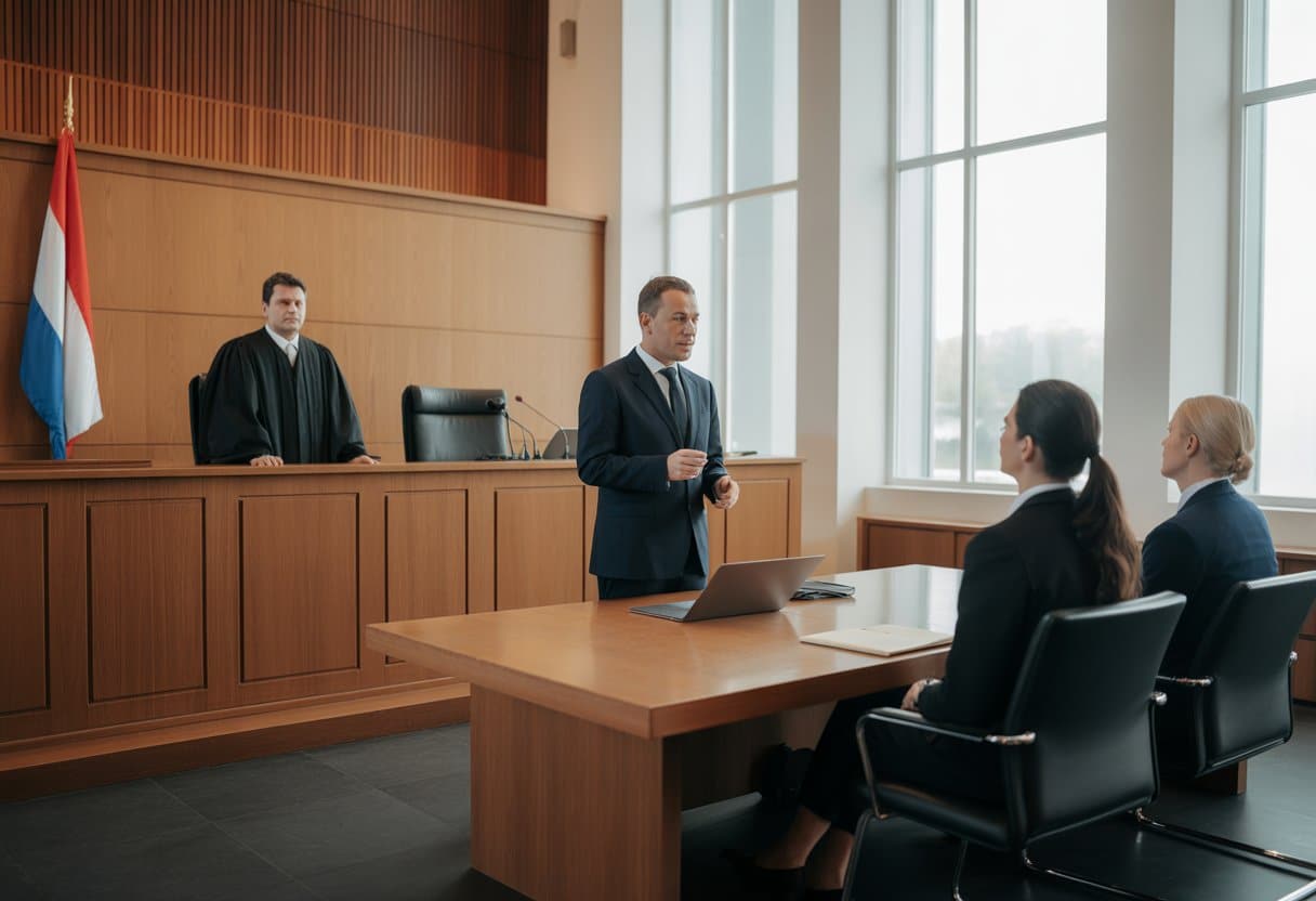 Een rechtszaal in Nederland met een rechter, een advocaat en betrokkenen tijdens een rechtszaak.
