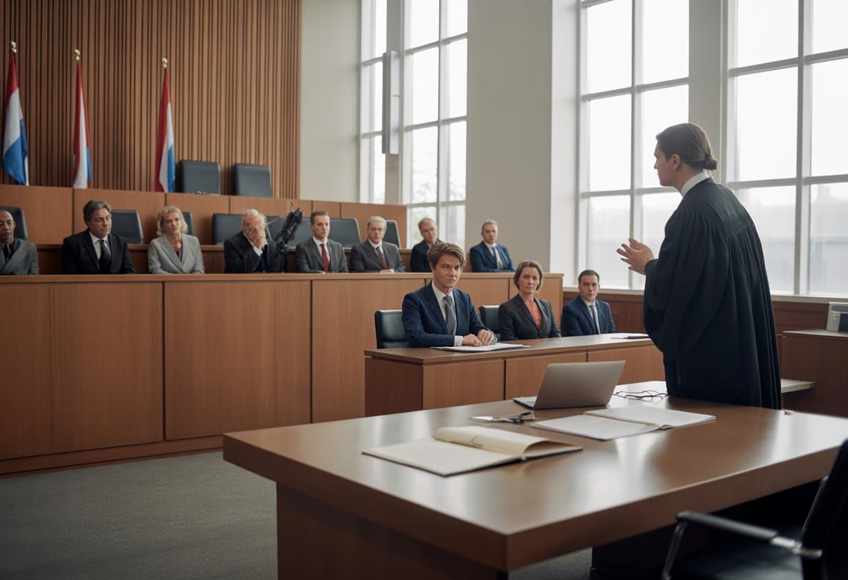 Een rechter zit achter een houten bank in een Nederlandse rechtszaal, terwijl een advocaat een zaak presenteert en mensen aandachtig toekijken.