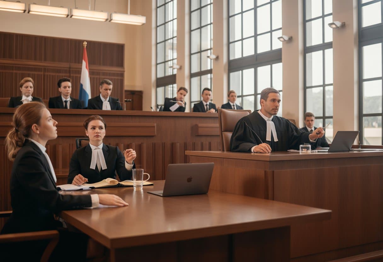 Een rechtszaal in Nederland met een rechter, advocaten en betrokkenen tijdens een rechtszaak.