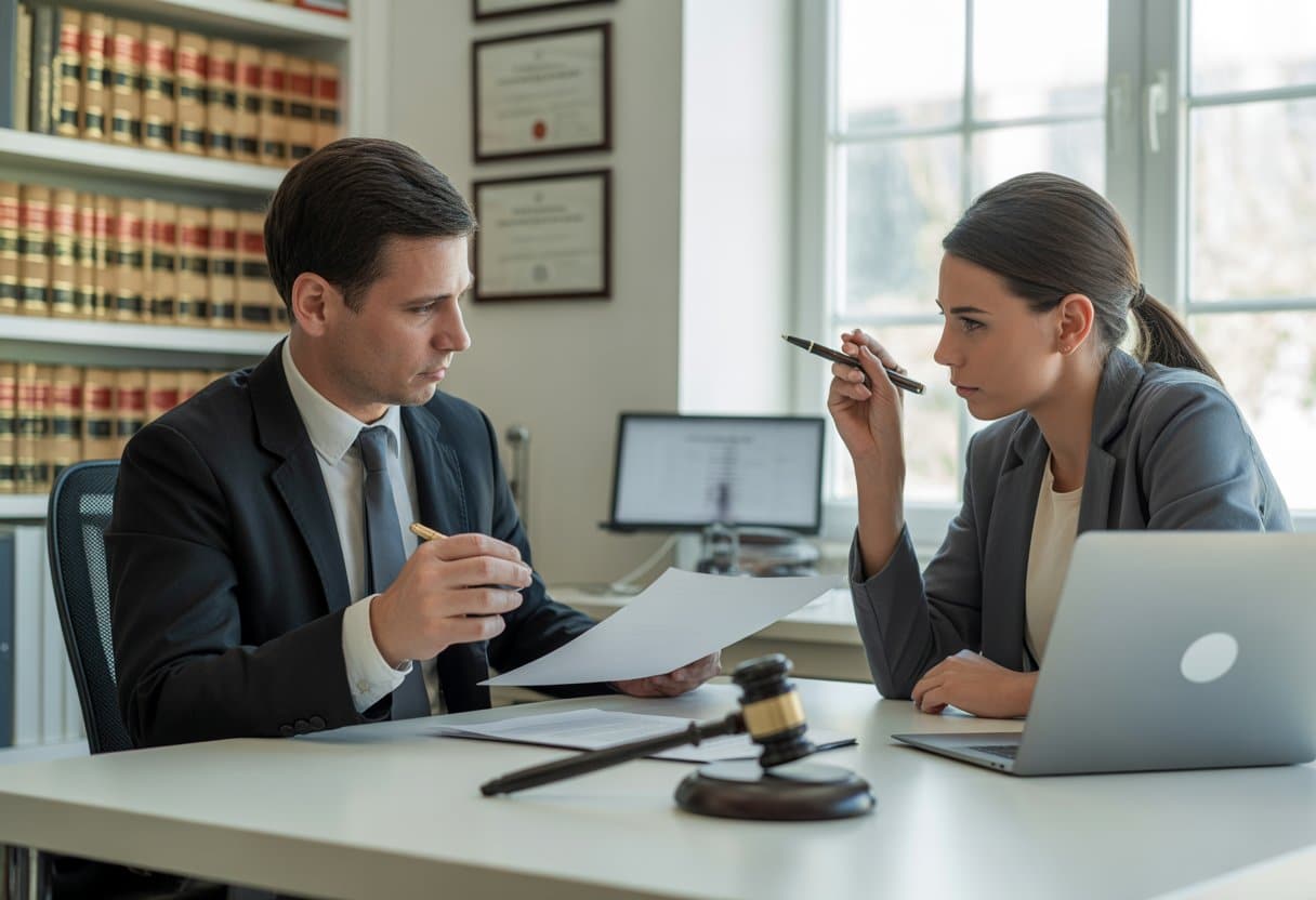 Hoe start ik een rechtszaak tegen een bedrijf of persoon? Stappenplan en tips 1 Een advocaat en een cliƫnt zitten aan een bureau en bespreken juridische documenten in een kantoor.