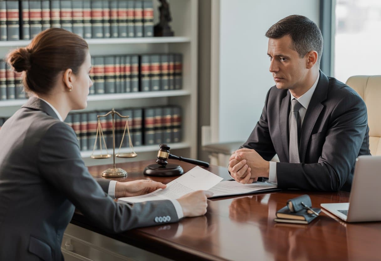 Hoe start ik een rechtszaak tegen een bedrijf of persoon? Stappenplan en tips 2 Een advocaat en een cliƫnt zitten tegenover elkaar aan een bureau in een kantoor, met juridische documenten en een weegschaal van gerechtigheid op de achtergrond.