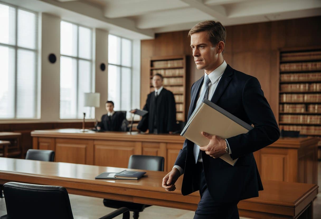 Een advocaat loopt snel door een moderne rechtszaal met documenten in de hand, op weg naar de rechter.
