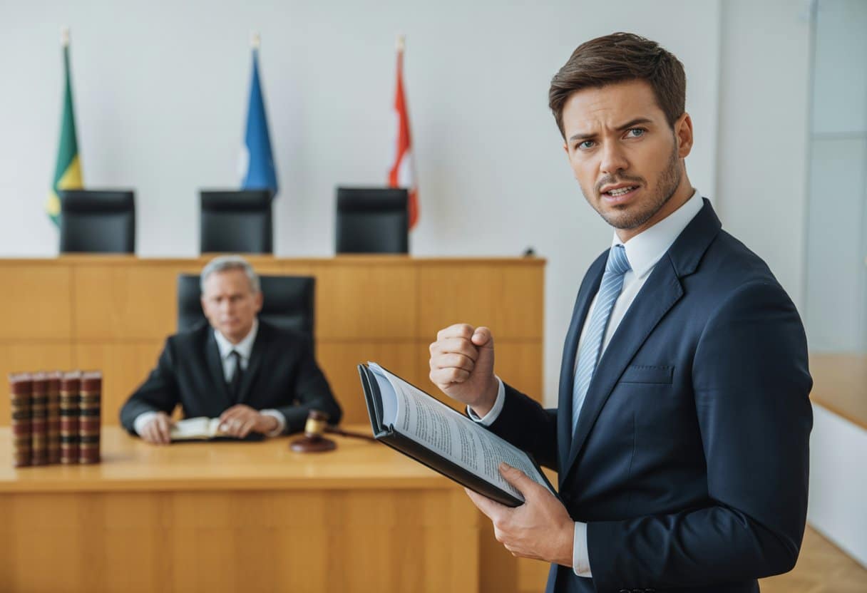 Een advocaat spreekt in een moderne rechtszaal terwijl een rechter aandachtig luistert, met juridische documenten en een hamer op de achtergrond.