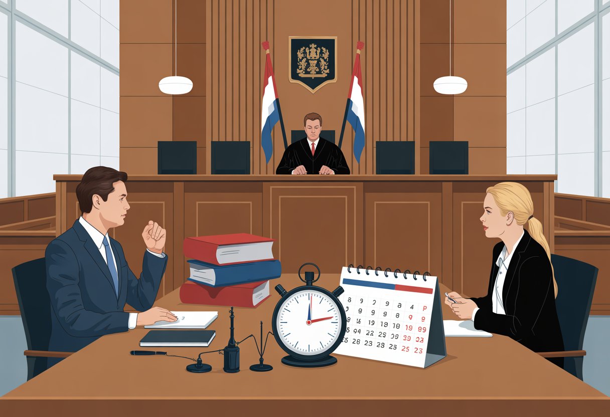Een rechter in een Nederlandse rechtszaal bekijkt documenten terwijl een advocaat met een cliënt spreekt, met juridische dossiers en een kalender op tafel.