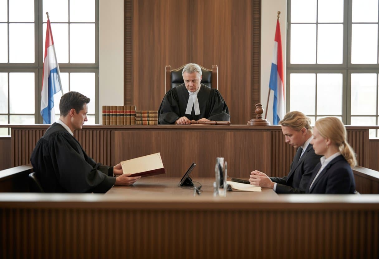 Een rechtszaal met een rechter, advocaat en beklaagde tijdens een zitting.