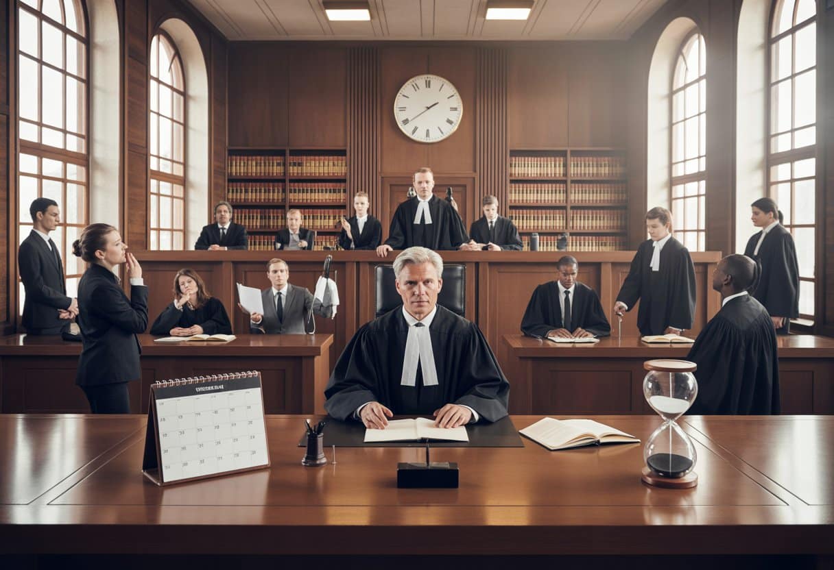 Een rechtszaal met een rechter, advocaten en een klok aan de muur die de duur van een rechtszaak symboliseert.