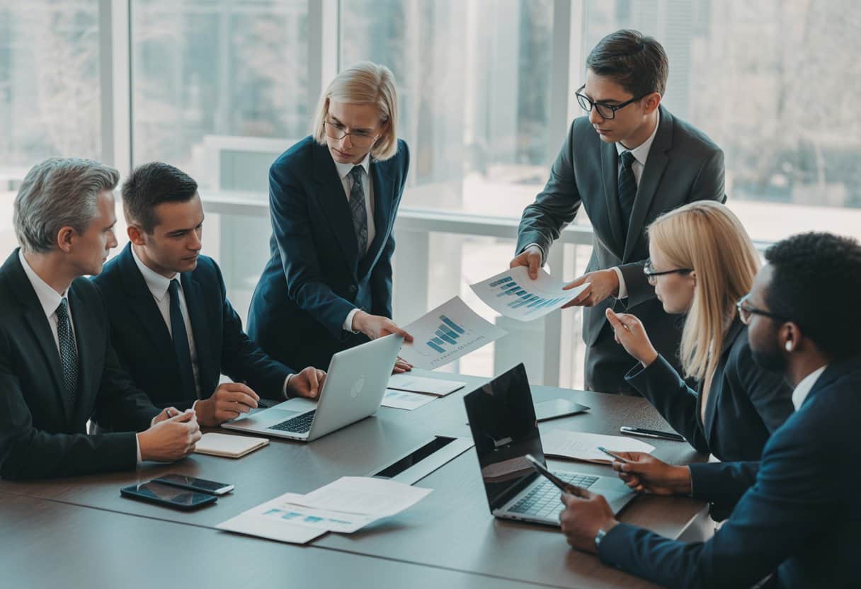 Een groep mensen in een kantoor bespreekt documenten en grafieken tijdens een vergadering over de executiefase na een vonnis.