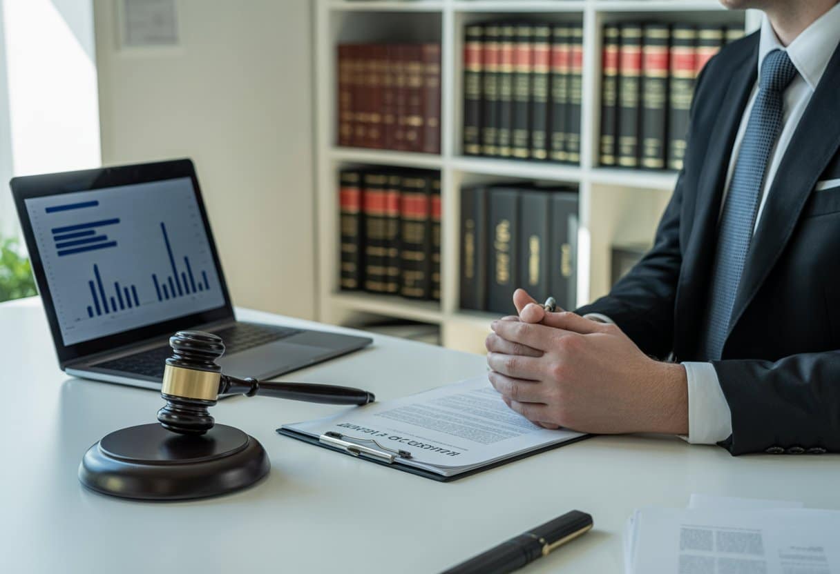 Een advocaat die in een kantoor aan een bureau zit met juridische documenten en een laptop, bezig met de executiefase na een vonnis.