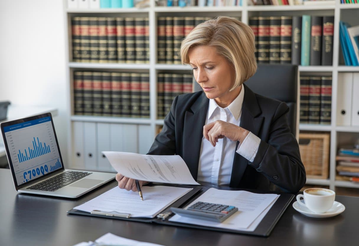 Een vrouw achter een bureau die officiële documenten en financiële gegevens bekijkt in een kantooromgeving.