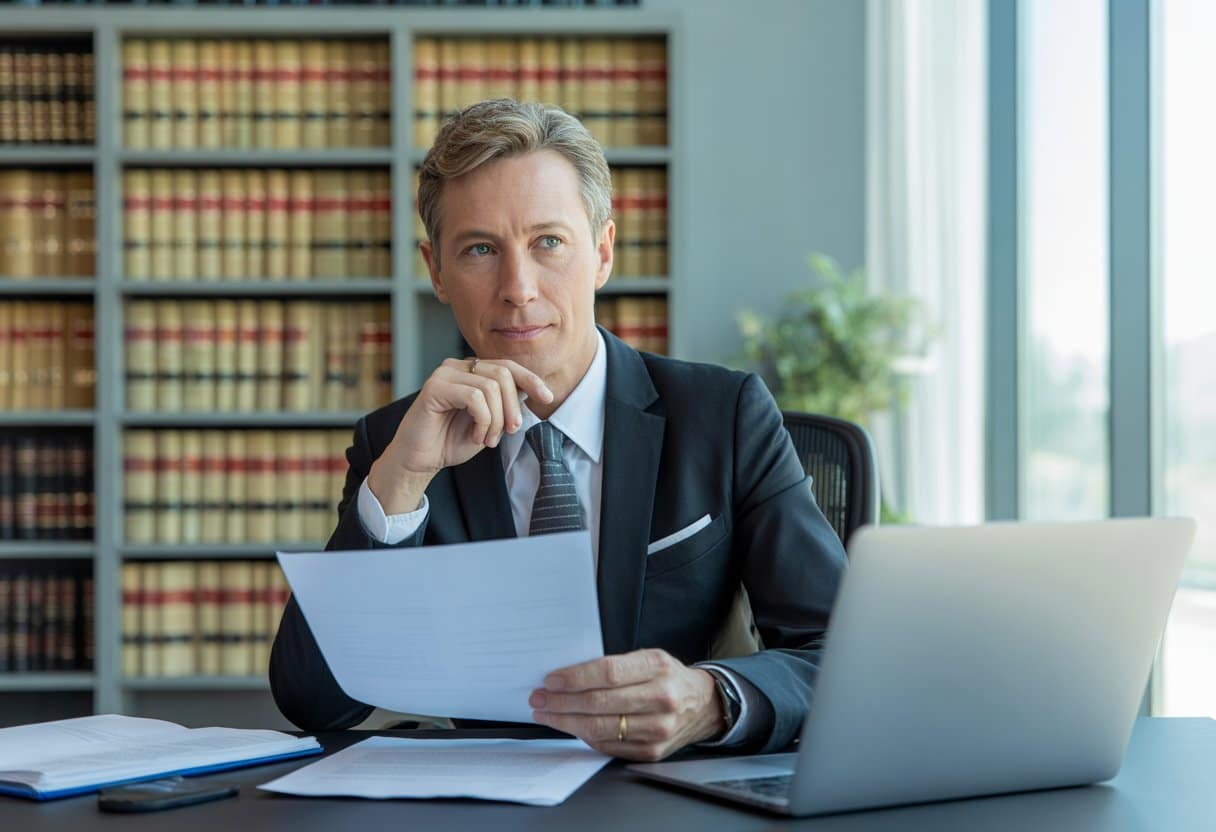 Wanneer is procederen zinvol? Tips van een ervaren procesadvocaat 2 Een ervaren advocaat die in een kantoor aan een bureau zit en juridische documenten bekijkt.