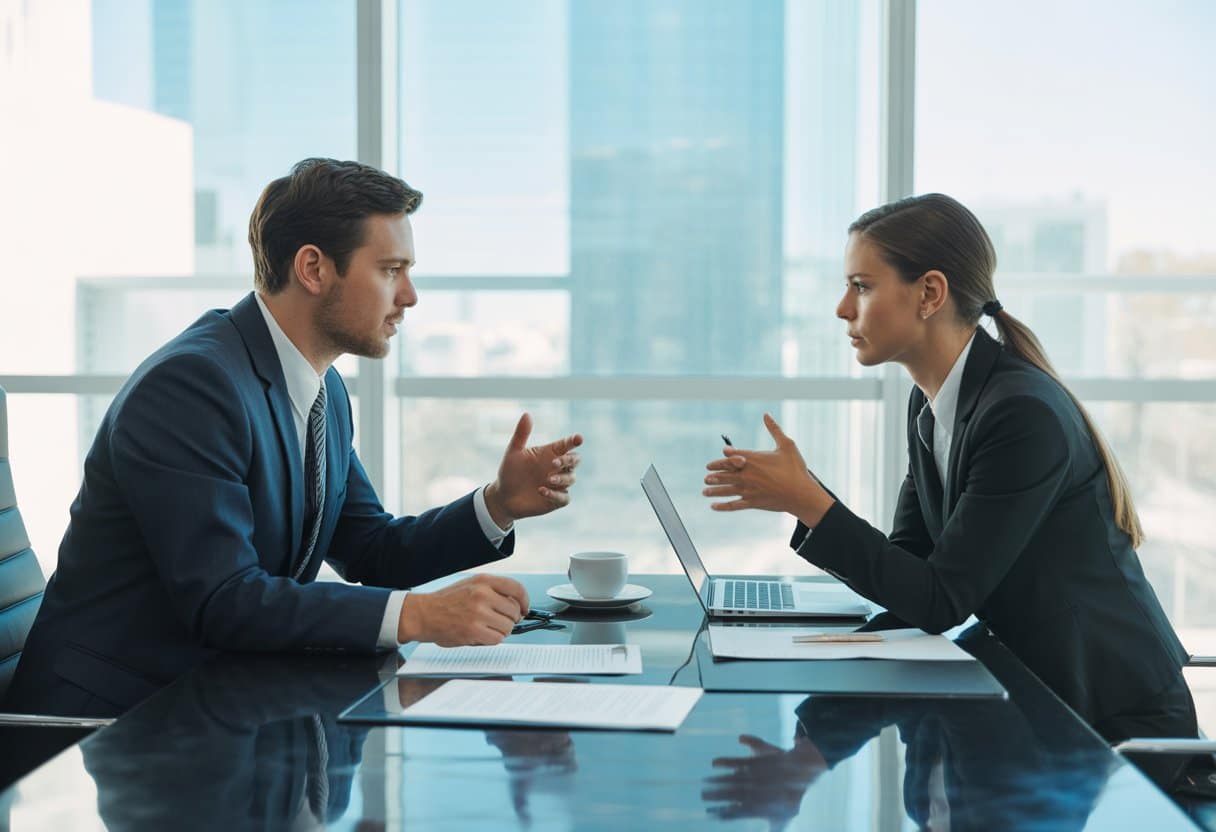 Twee zakelijke professionals in een kantoor die een gesprek voeren over juridische documenten aan een vergadertafel.