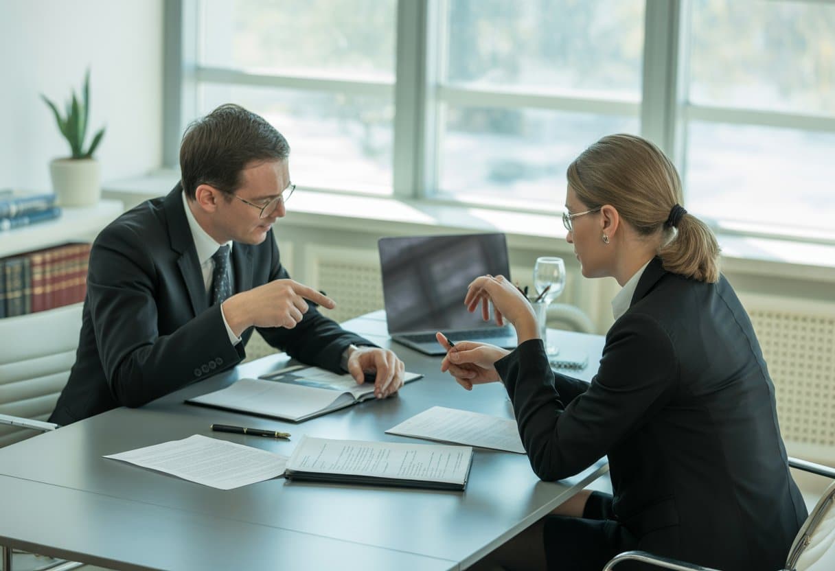 Twee professionals zitten aan een vergadertafel en bespreken documenten in een kantoor.