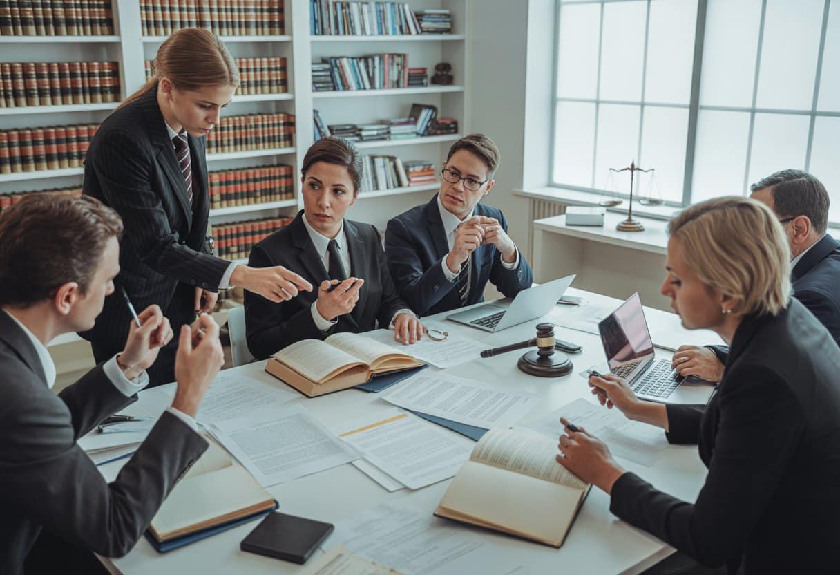 Een groep advocaten bespreekt documenten in een moderne vergaderruimte, gefocust op het voorkomen van fouten tijdens rechtszaken.
