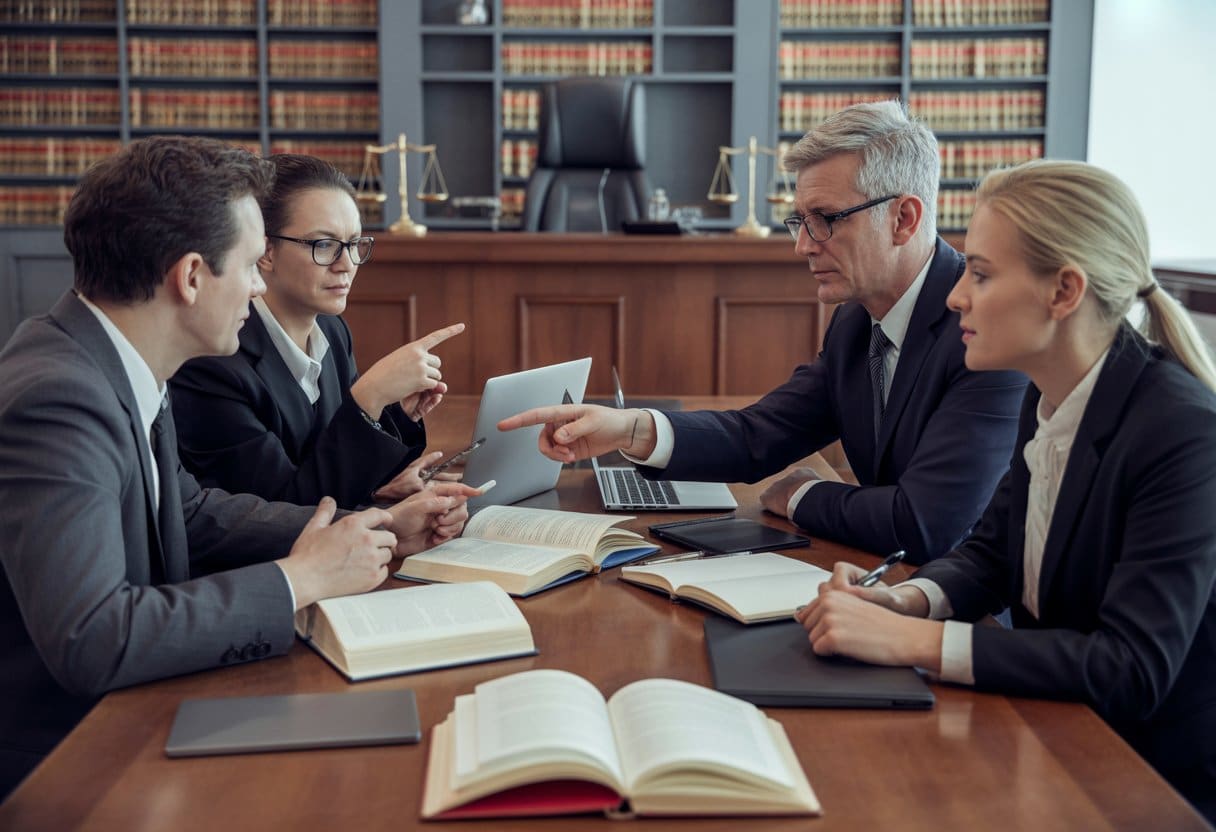 Vijf juridische professionals bespreken samen documenten in een rechtszaalomgeving.