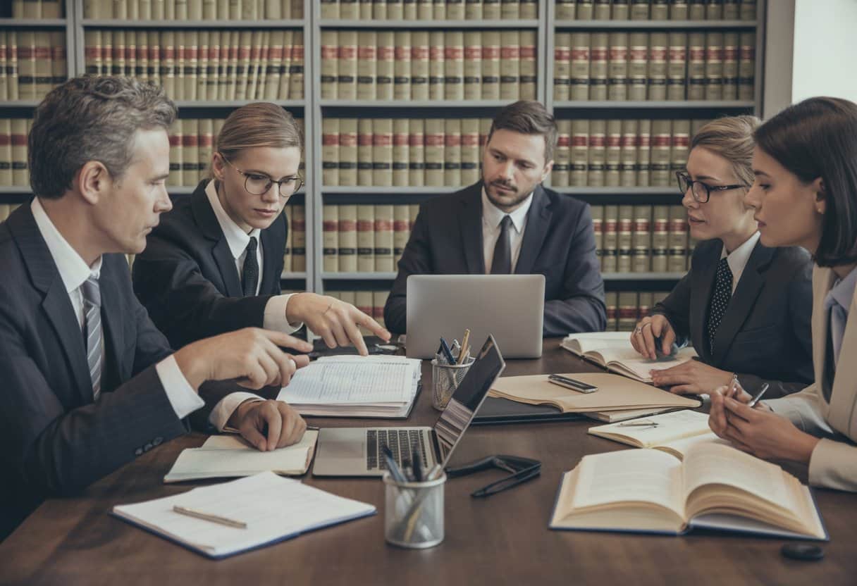 Een groep juridische professionals werkt samen aan een tafel met documenten en laptops in een kantooromgeving.