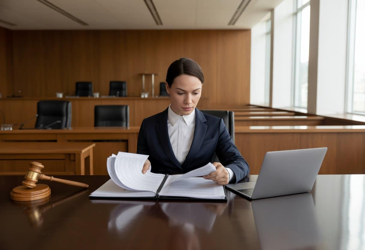 Een persoon in formele kleding zit aan een tafel in een rechtbank en bekijkt documenten, met een laptop voor zich.
