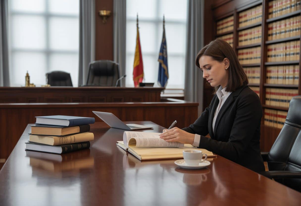 Een advocaat bereidt zich voor op een zitting in een rechtbank, zittend aan een tafel met documenten in een moderne rechtszaal.