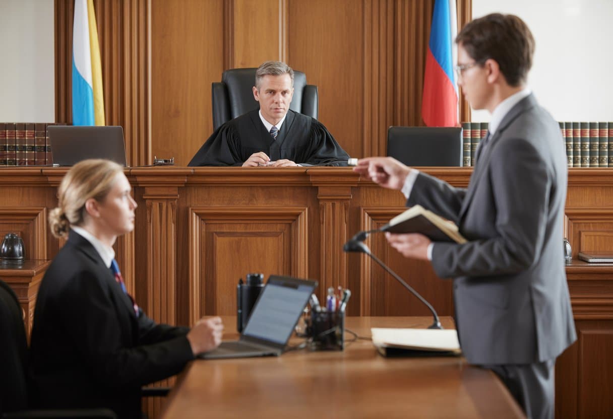 Een rechtbankzaal waar een rechter luistert naar een advocaat die spreekt tijdens een mondelinge behandeling.