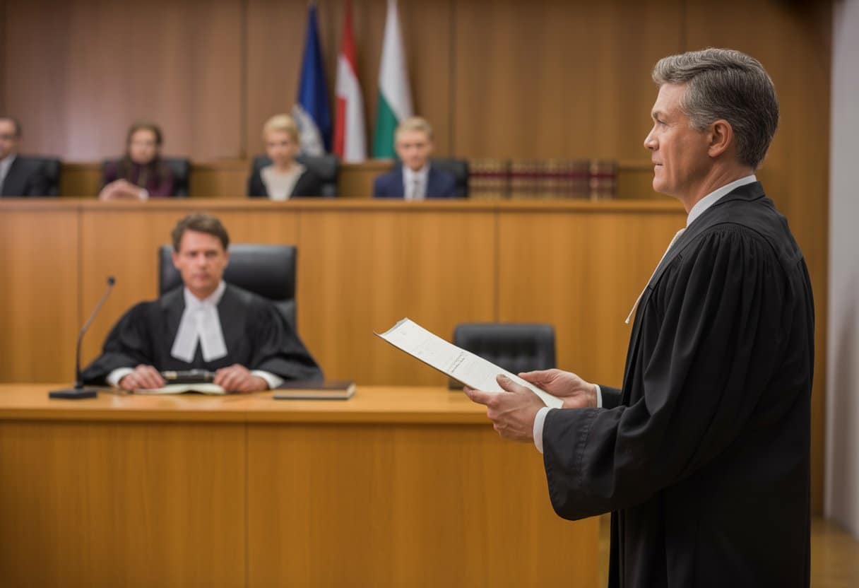 Een rechtbankzaal waar een rechter en een advocaat een mondelinge behandeling voeren.