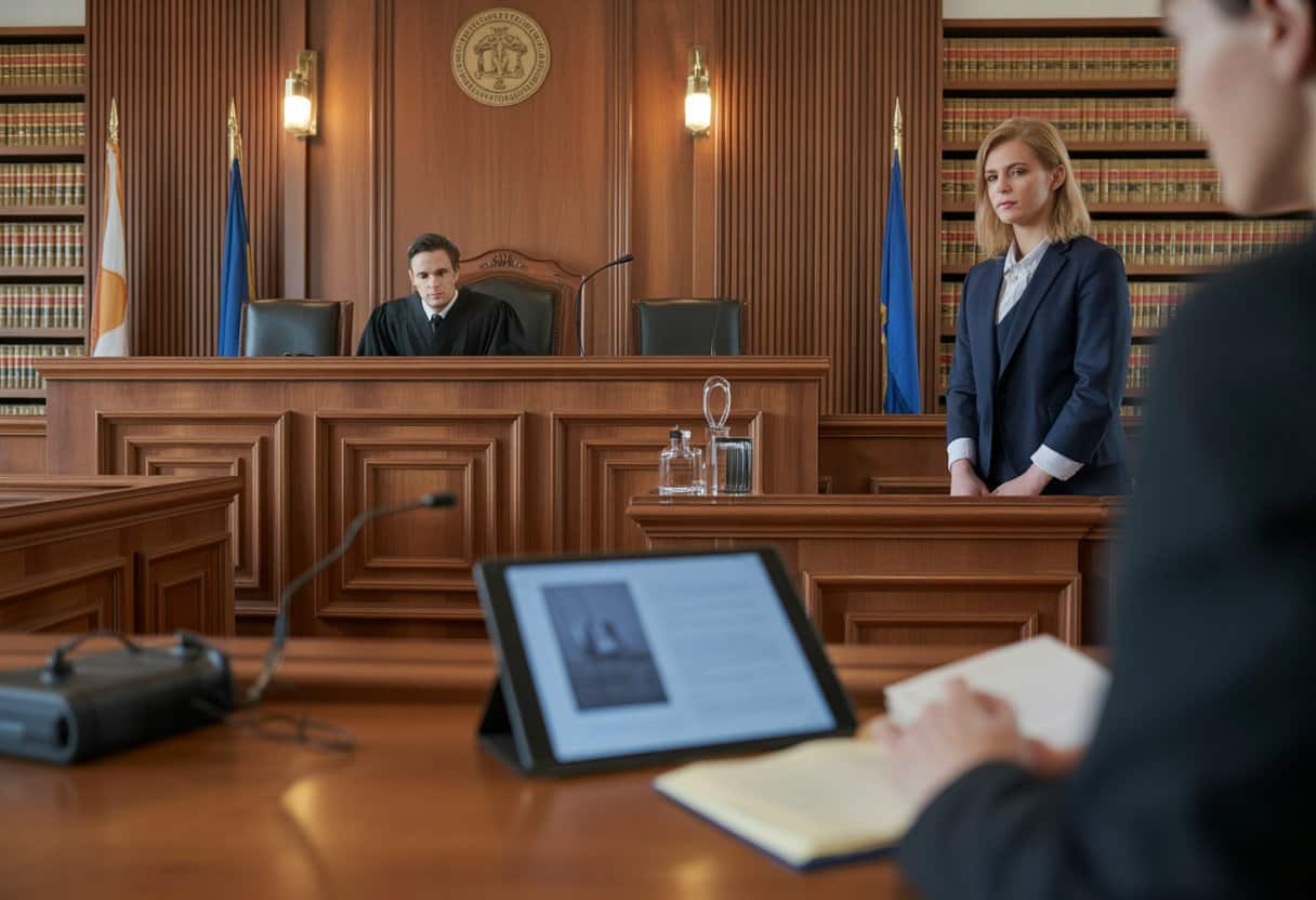 Een rechtszaal met een rechter, een advocaat die bewijsstukken toont, en een getuige die staat bij de getuigenbank.